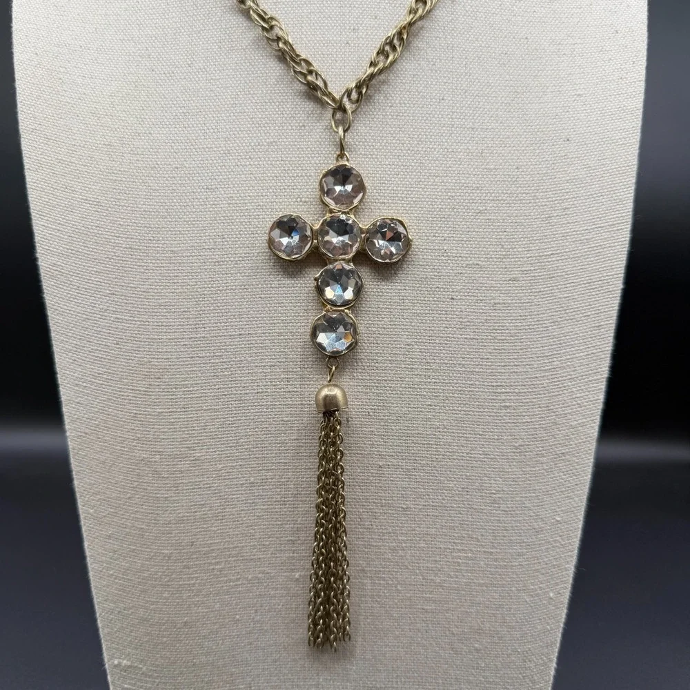 Crystal Rhinestone Cross Pendant Necklace Gold Tone Chain Tassel Statement Gift